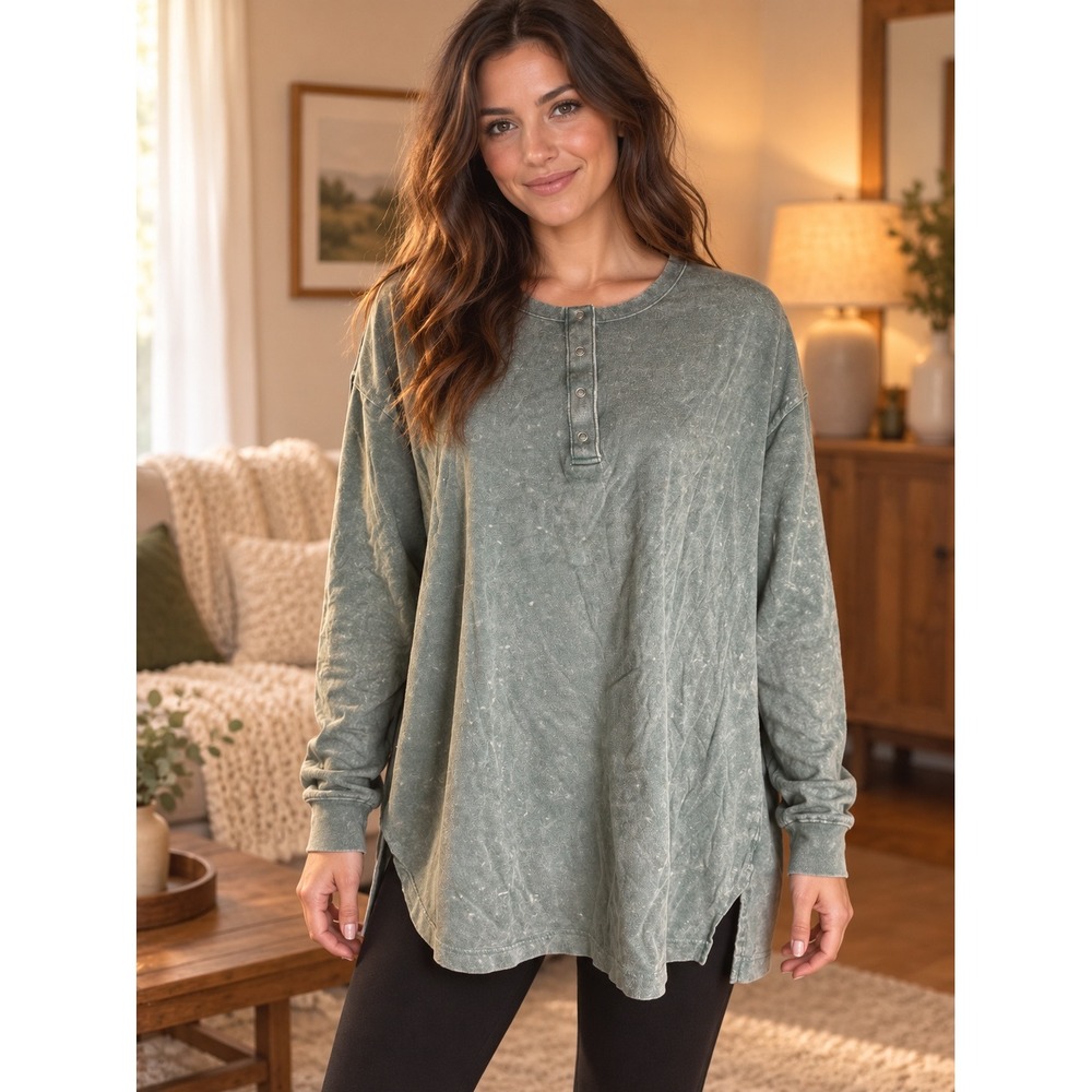546. Pink Victoria's Secret Henley Top Long Sleeve Green Acid Wash XL